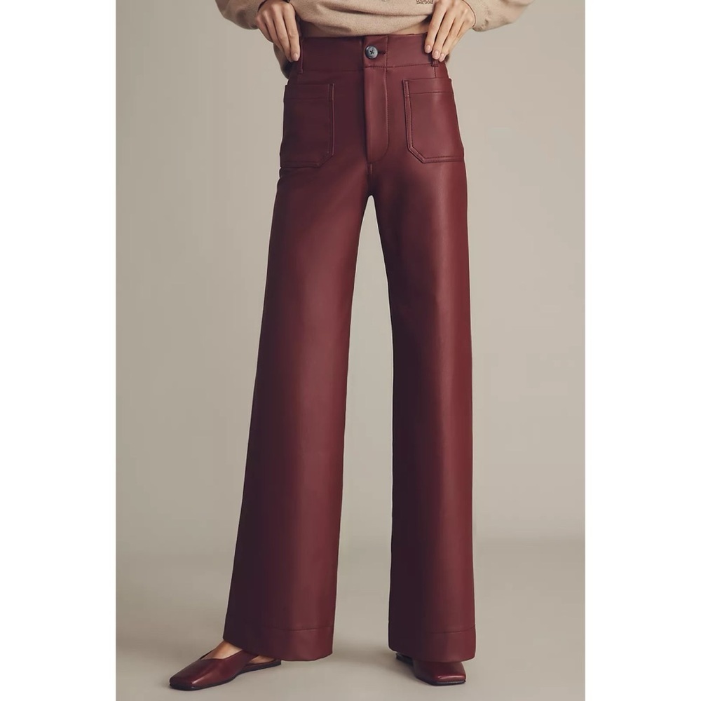 Anthropologie The Colette Faux Leather Full-Length Wide-Leg Pants Berry Red 26